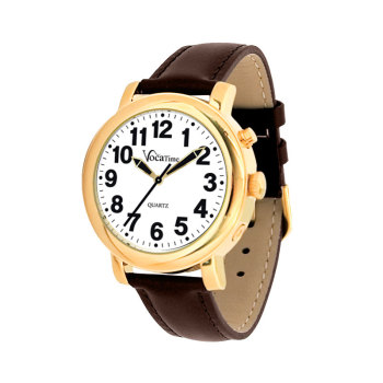 VocaTime Mens Gold Tone Talking Watch- Brown Leather Band