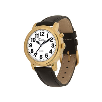 VocaTime Womens Gold Tone Talking Watch- Black Leather Band