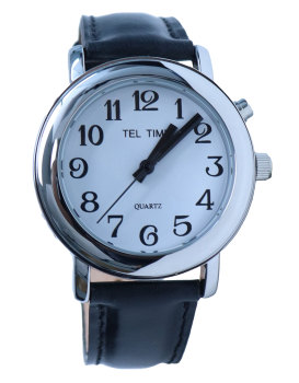 Unisex Talking Chrome Watch- Black Leather Band with White Face Unisex Talking Chrome Watch- Black Leather Band with White Face