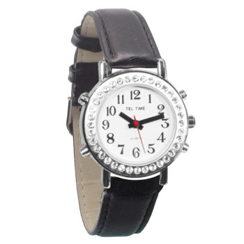 Ladies Talking Watch with Rhinestone Bezel and Leather Band- English Ladies Talking Watch with Rhinestone Bezel and Leather Band- English