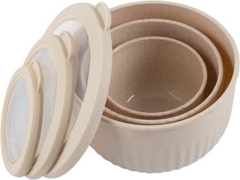 Set of 3 Beige Nesting Bowls and Lids - Microwave, Freezer, and Fridge Set of 3 Beige Nesting Bowls and Lids - Microwave, Freezer, and Fridge