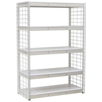 White Heavy Duty Retail Shelving Display with 2 Slatgrid Merchandising Panels  