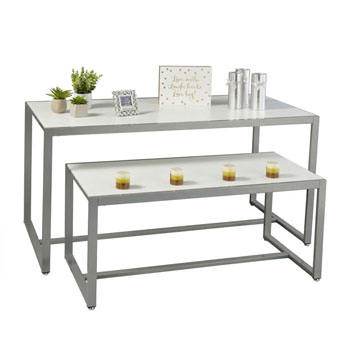 White Laminate Wood and Metal Display Tables