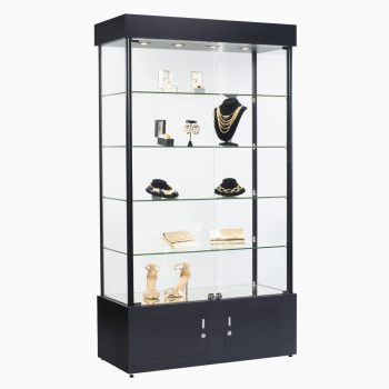Assembled 4-Shelf Low-Profile LED Glass Display Case with Storage - Black