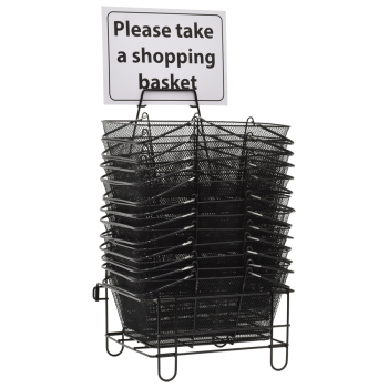 Set of 12 Black Metal Mesh Retail Shopping Baskets with Floor Stand and Sign