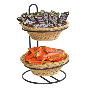 2 Tier Round Plastic Wicker Baskets Tabletop Display Stand
