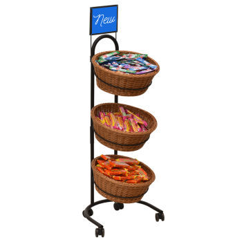 3 Tier Mobile Merchandiser With Round Plastic Wicker Baskets