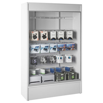 Merchandising Security Display Showcase With Hangrails & Peghooks For Peggable Merchandise
