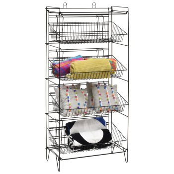 Folding Slatgrid Black Metal Merchandiser Display Rack With 4 Grid Baskets
