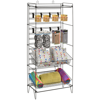 Folding Slatgrid Black Metal Merchandiser Display Rack With 10- 8" Peg Hooks And 4-Grid Baskets