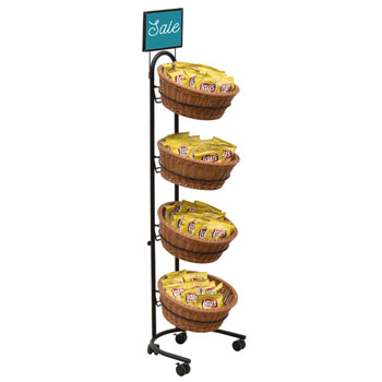 54 In. Tall 4-Tier Mobile Merchandiser Display Rack - 14.5 In. Dia. Round Plastic Wicker Baskets