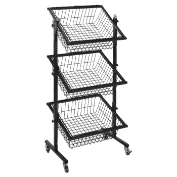3 Tier Black Wire Retail Display with Casters - Adjustable 16 in. W x 7 in. D x 17 1/2 in. H Baskets