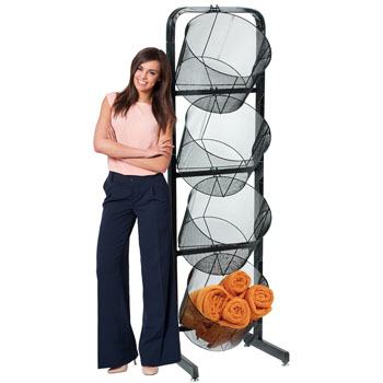 4 Tier Wire Mesh Basket Dump Display with Extra Large 15.5 Inch Dia. Metal Baskets