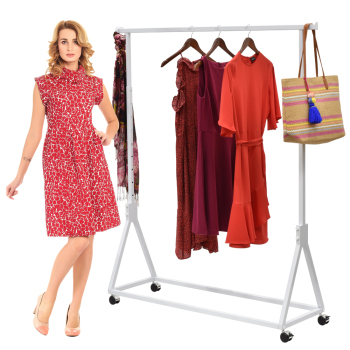 White Modern Mobile Retail Clothing Rack - Adjustable Height Rolling Garment Rack