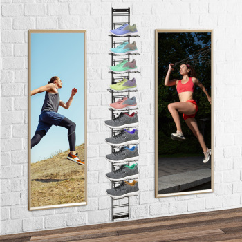 Wall Mounted Black Slim Slat Grid Wire Shoe Display Rack for 12 Shoes