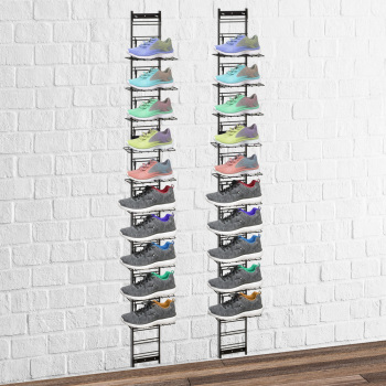Wall Mounted Black Slim Slat Grid Wire Shoe Display Rack for 24 Shoes-set of 2