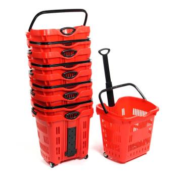 Rolling Plastic Shopping Basket Set of 10 - Red