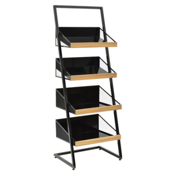 Black Snack and Merchandiser Display with 4 Metal Mesh and Olive Wood Shelves 