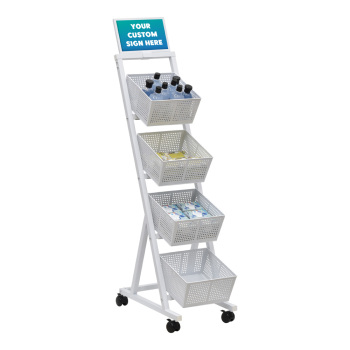 4 Square Basket Mobile Retail Floor Standing Display - White Metal Stand With Removeable Sign Holder