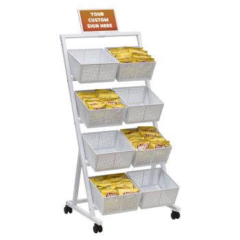 8 White Metal Basket Retail Floor Standing Mobile Display - Square Basket Display Stand 