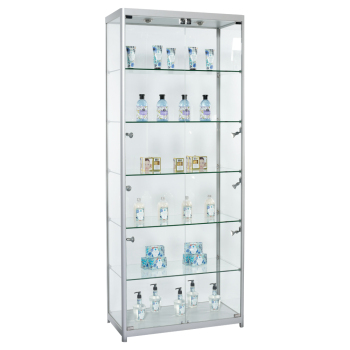 Brush Aluminum LED Spotlight Glass Tower Display Case - Fully Assembled