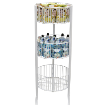 White 3 Tier Circular Wire Dump Floor Display Bin - 16 In Diameter Retail Rack