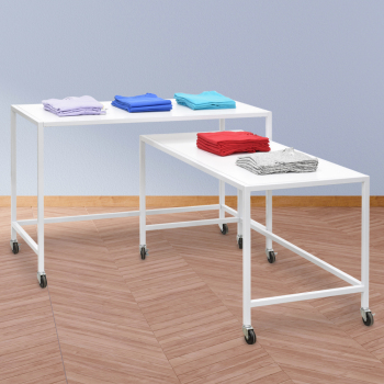 Nesting Mobile Merchandise Display Table, Set of Two Retail Tables with White Melamine Tops