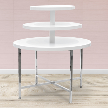 Round 3 Tier White Laminate Retail Display Table with Chrome Legs