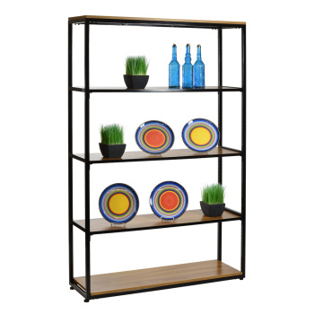 Black Wall Retail Shelving Display with 5 Wood Shelves