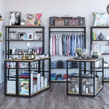 Black Wall Retail Shelving Display with 5 Wood Shelves
