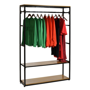 Black Wall Shelving Display with 5 Wood Shelves and Hangrail
