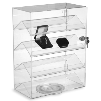 Small Countertop Display Case w/ 4 Double-Sided Shelves, Locking Door & Rotating Base