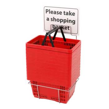 Set of Twelve Red Plastic Baskets Shopping Baskets with Handles and Metal Floor Stand