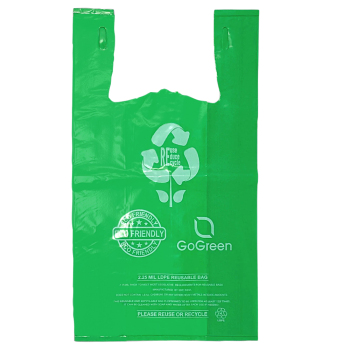 Green Eco-friendly Thick Reusable Plastic T-Shirt Bags -11.5 x 6.5 x 21 - Box of 200