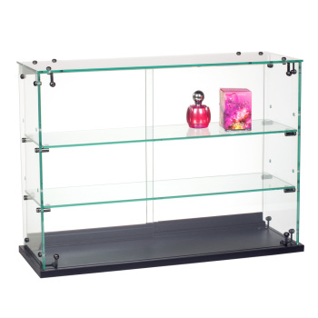 Assembled Glass Countertop Display Case with Locking Doors is 28 in. W x 10 in. D x 20 in. H