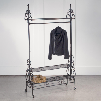 Dark Brown Scrolled Metal Clothing Rack with 2 Shelves