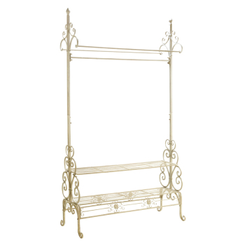 Cream Scrolled Metal Clothing Rack with 2 Shelves