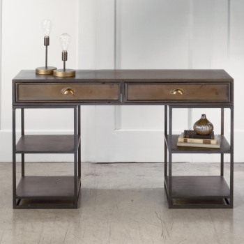 Antiqued Bronze Metal Desk Table with Shelves