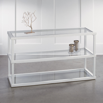 3-Tier White Wood Frame and Glass Shelving Display