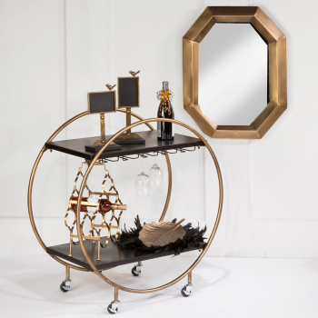Circular Antiqued Gold Rolling Bar Cart