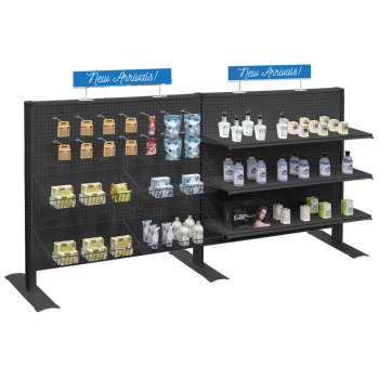 Double Sided Retail Gondola Shelving Display With Pegboard Back - Black
