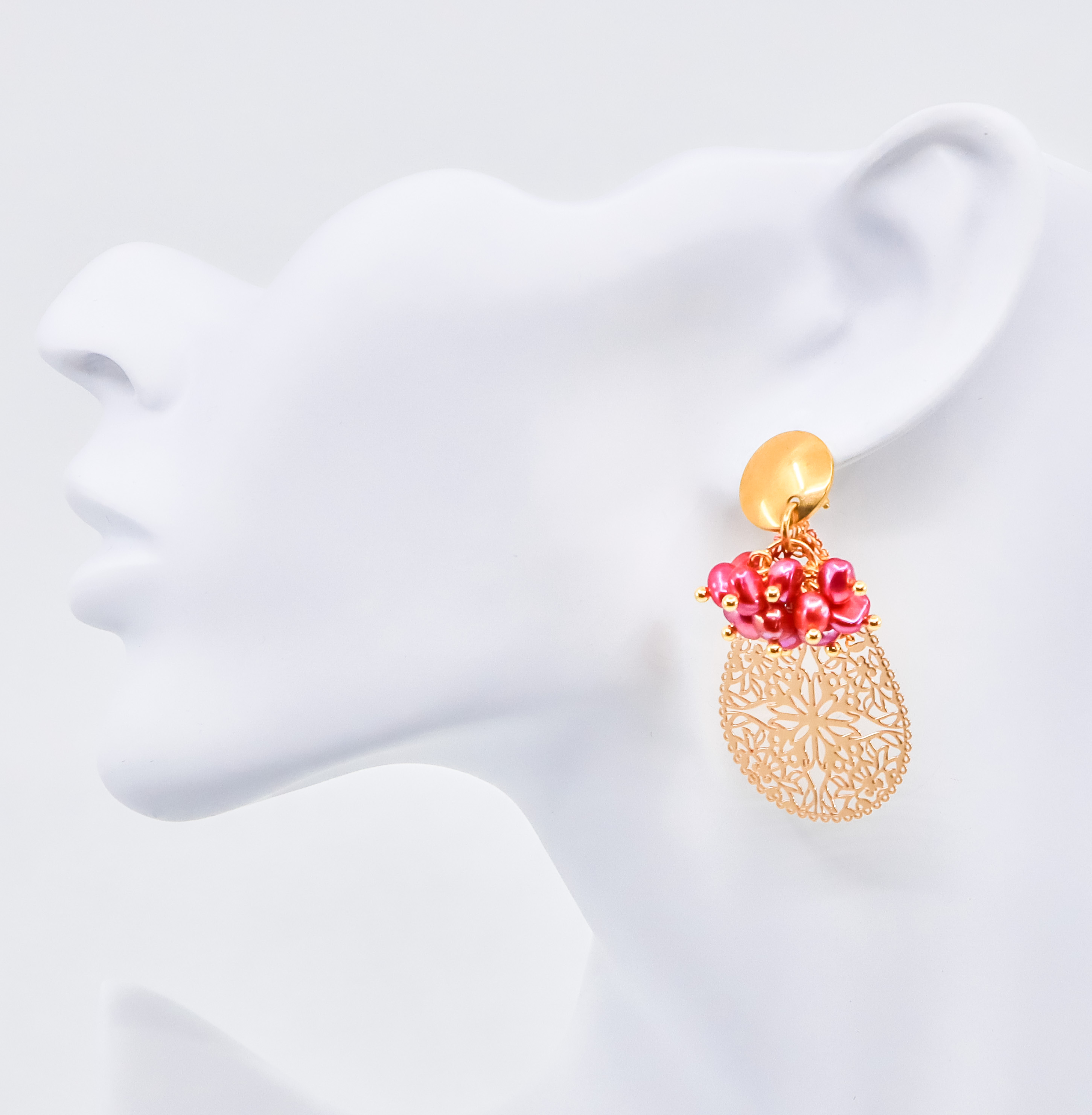 Gold Earrings - Magenta Pearl Cluster