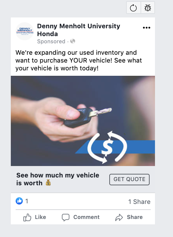 Image of an ad to see value of car
