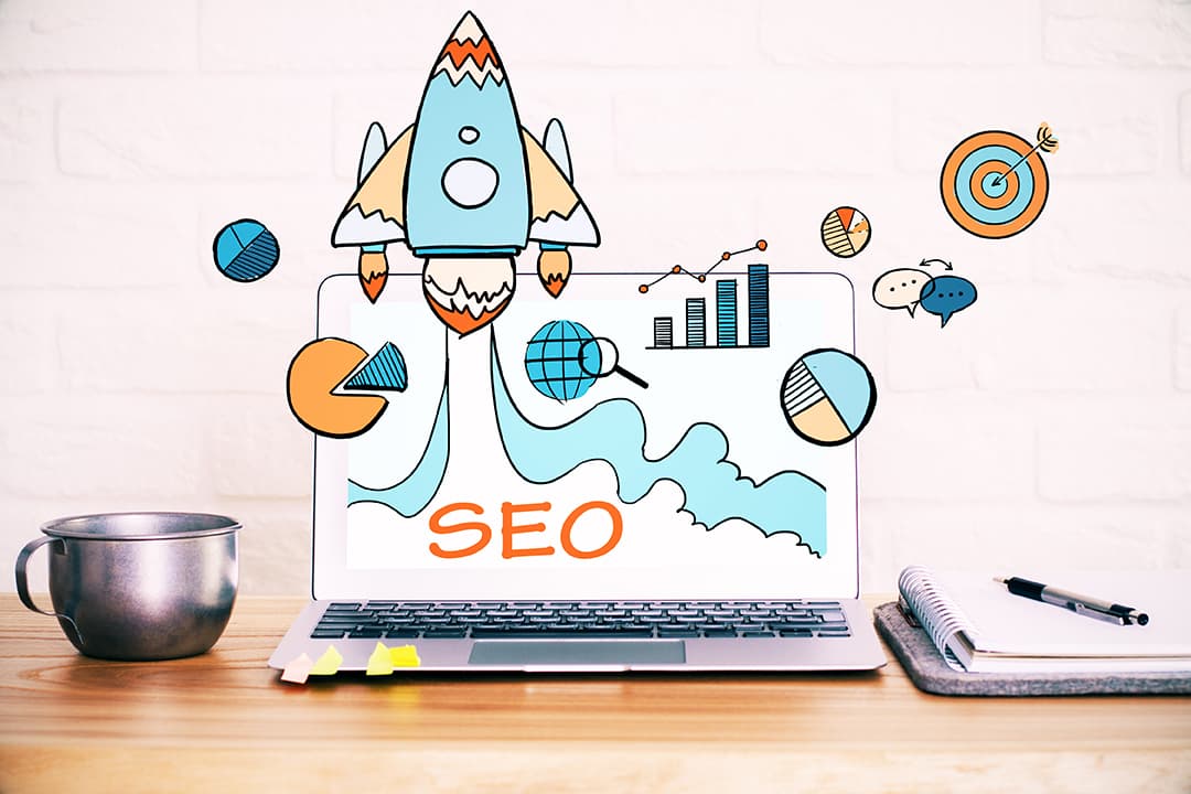 SEO Rocket lifting off out of a laptop screen illustration
