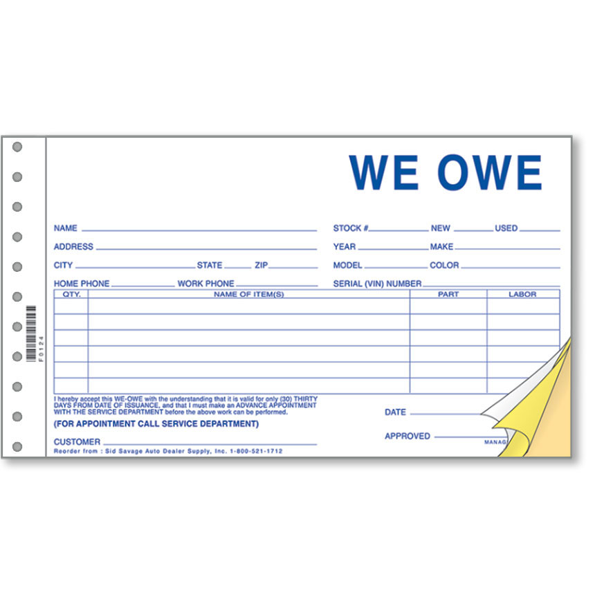 We Owe Forms Auto Dealer Forms Car Dealership Supplies