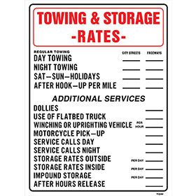 Auto Shop Signs - Tow & Storage Rates
