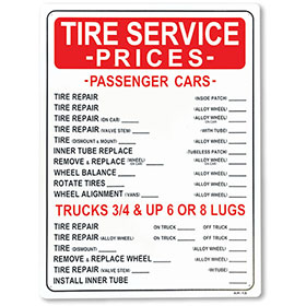 Shop Sign – 18" x 24" Tire Service Prices