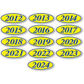 Oval Car Year Stickers - Blue & Yellow