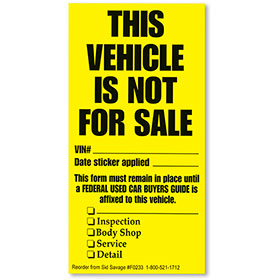 Vehicle Not for Sale Disposition Stickers