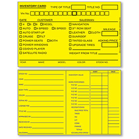 Auto Inventory Cards 3" x 5" Yellow
